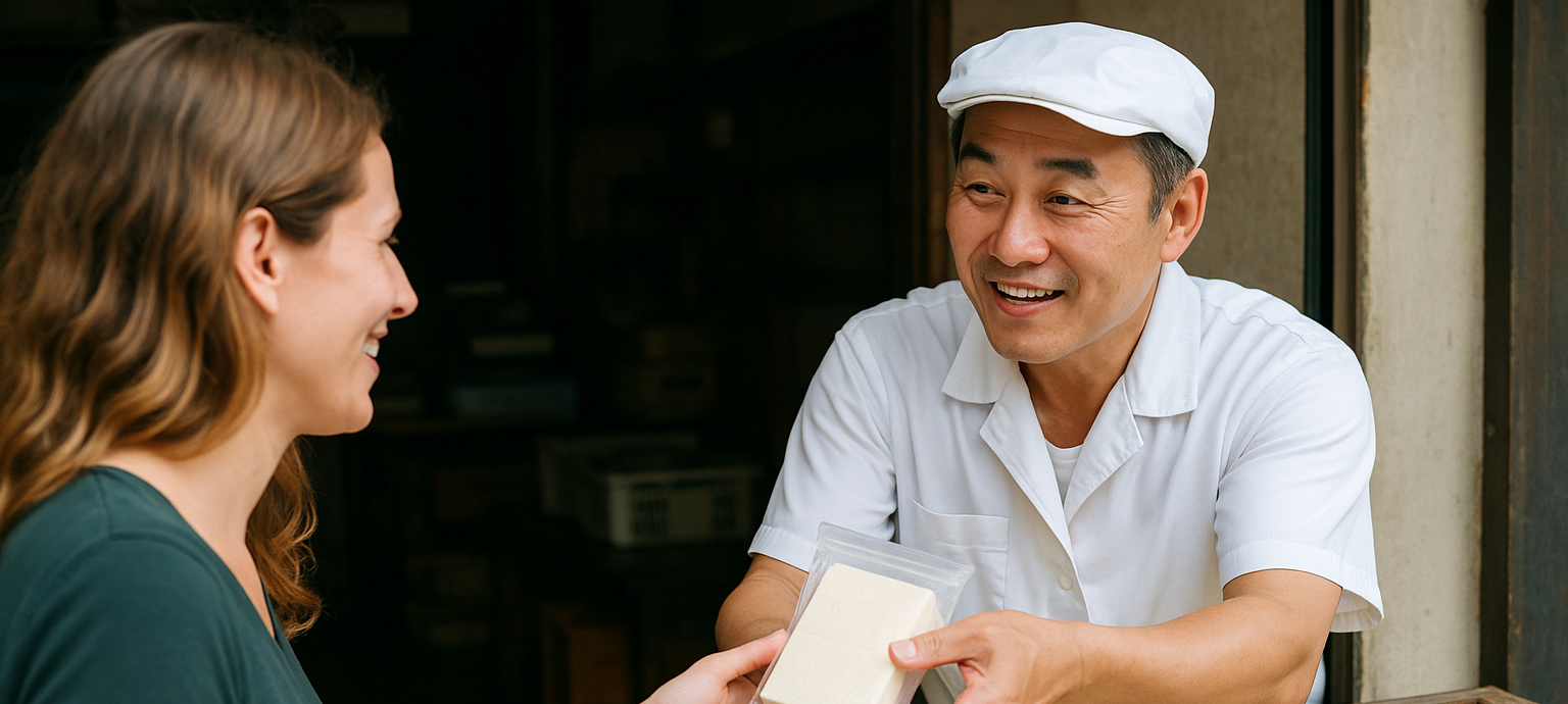 豆腐屋での実践的な英会話ロールプレイング