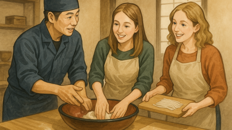 そば打ち体験スタッフ｜材料説明から試食案内まで！お役立ち英単語とロールプレイング