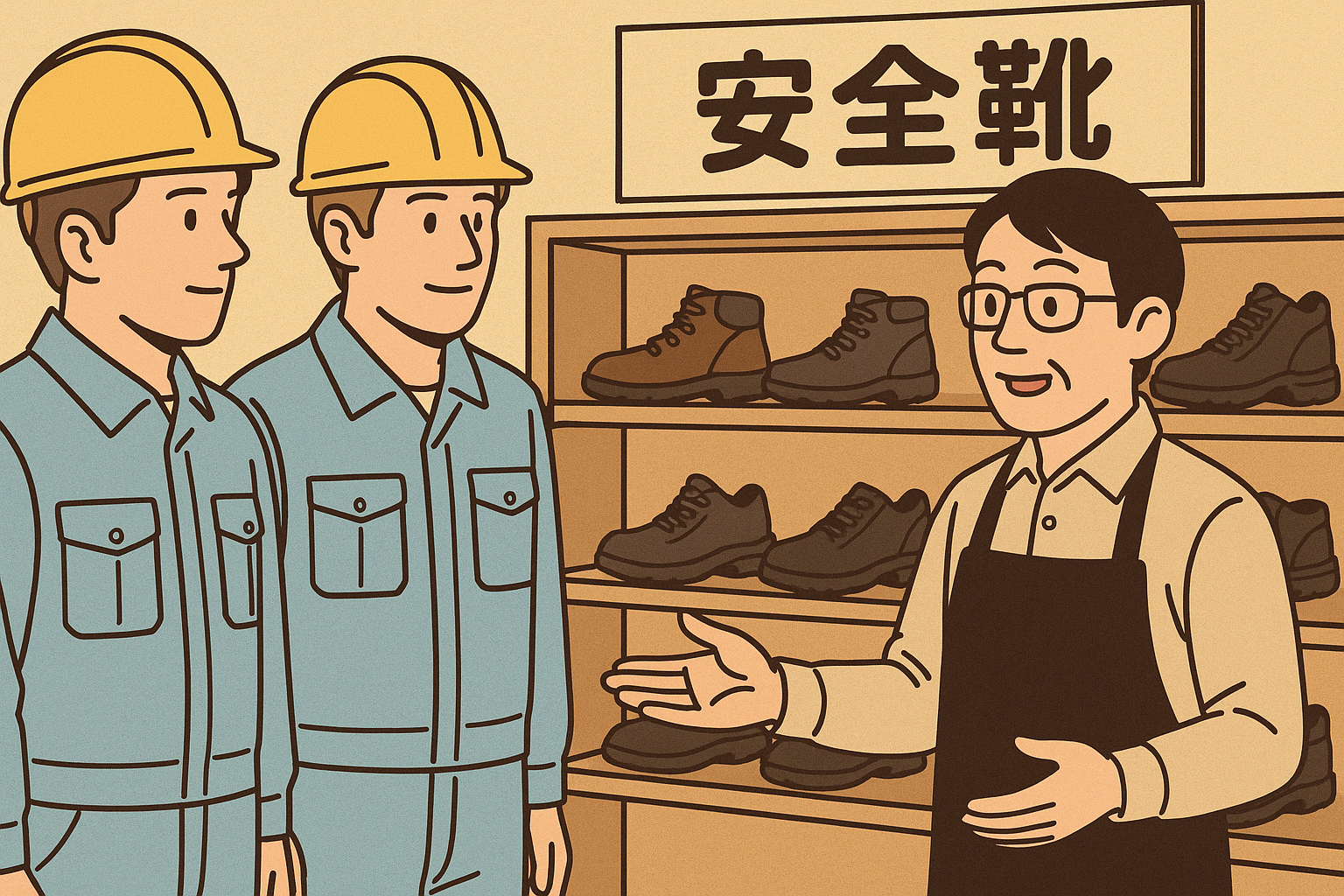 安全靴・ワークシューズ売り場での実践的な英会話ロールプレイ