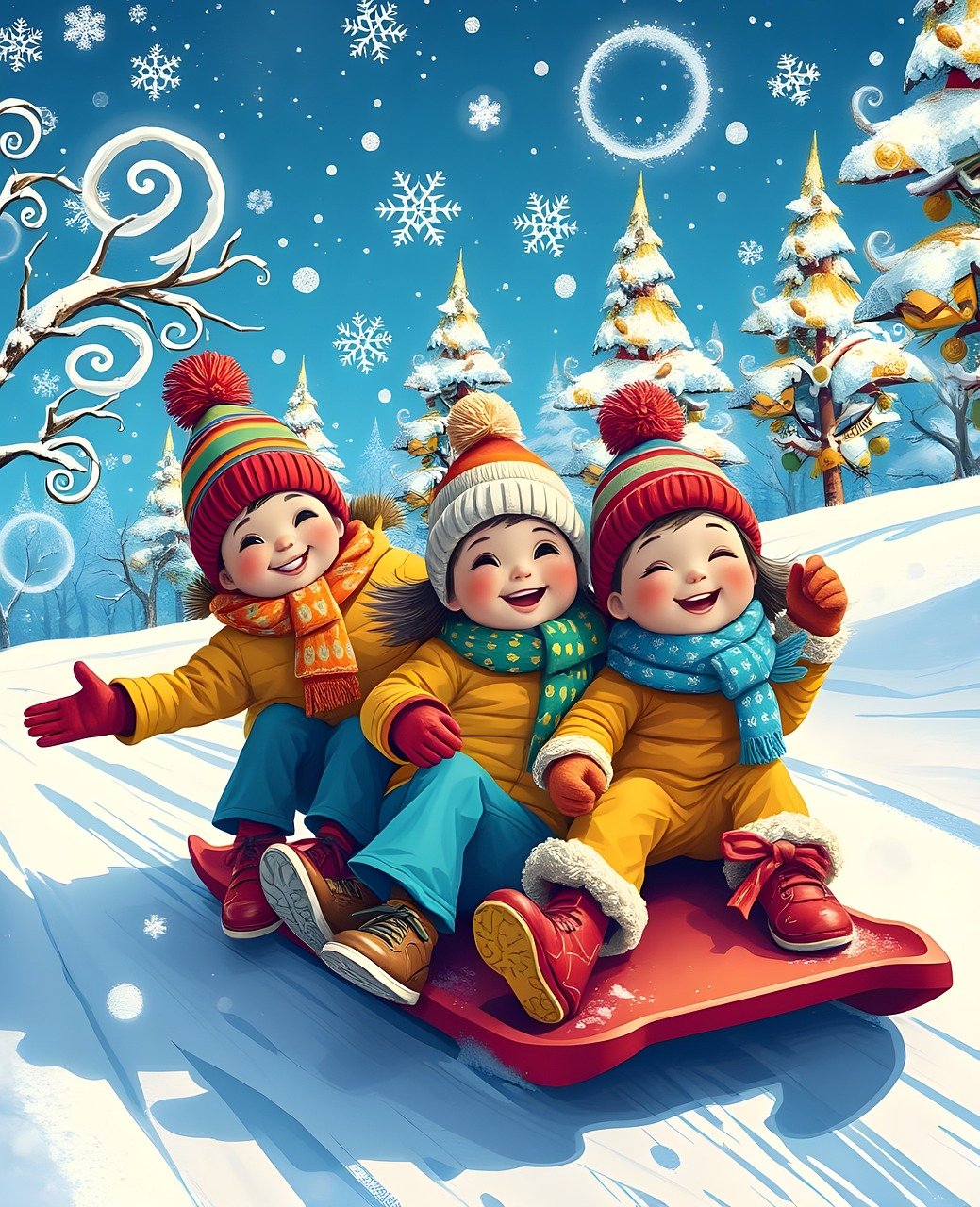 雪の中の遊びで、「すべる・とぶ・ころぶ」などの動作を英語で学ぼう