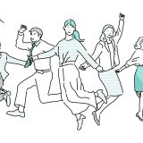 Group of coworkers dancing and celebrating together in a joyful line image.