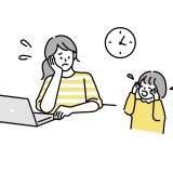 Woman at a laptop looks stressed while another person covers her ears, with a clock indicating time pressure in the scene.