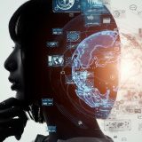 Side profile of a person with blue holographic data screens and a glowing globe surrounding the head, illustrating AI and digital technology